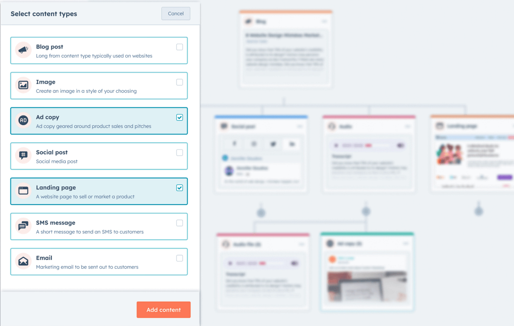 A screenshot clearly showing the nine (9) output options a user can choose and create in the HubSpot Content Remix.