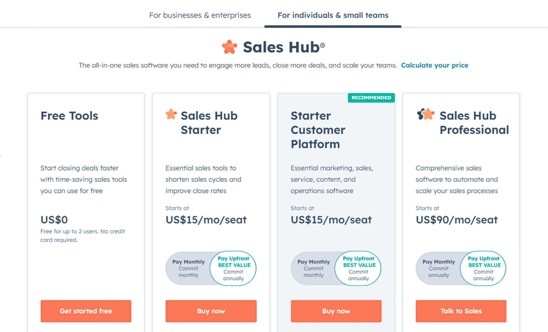 HubSpot Sales Hub Plans and Pricing