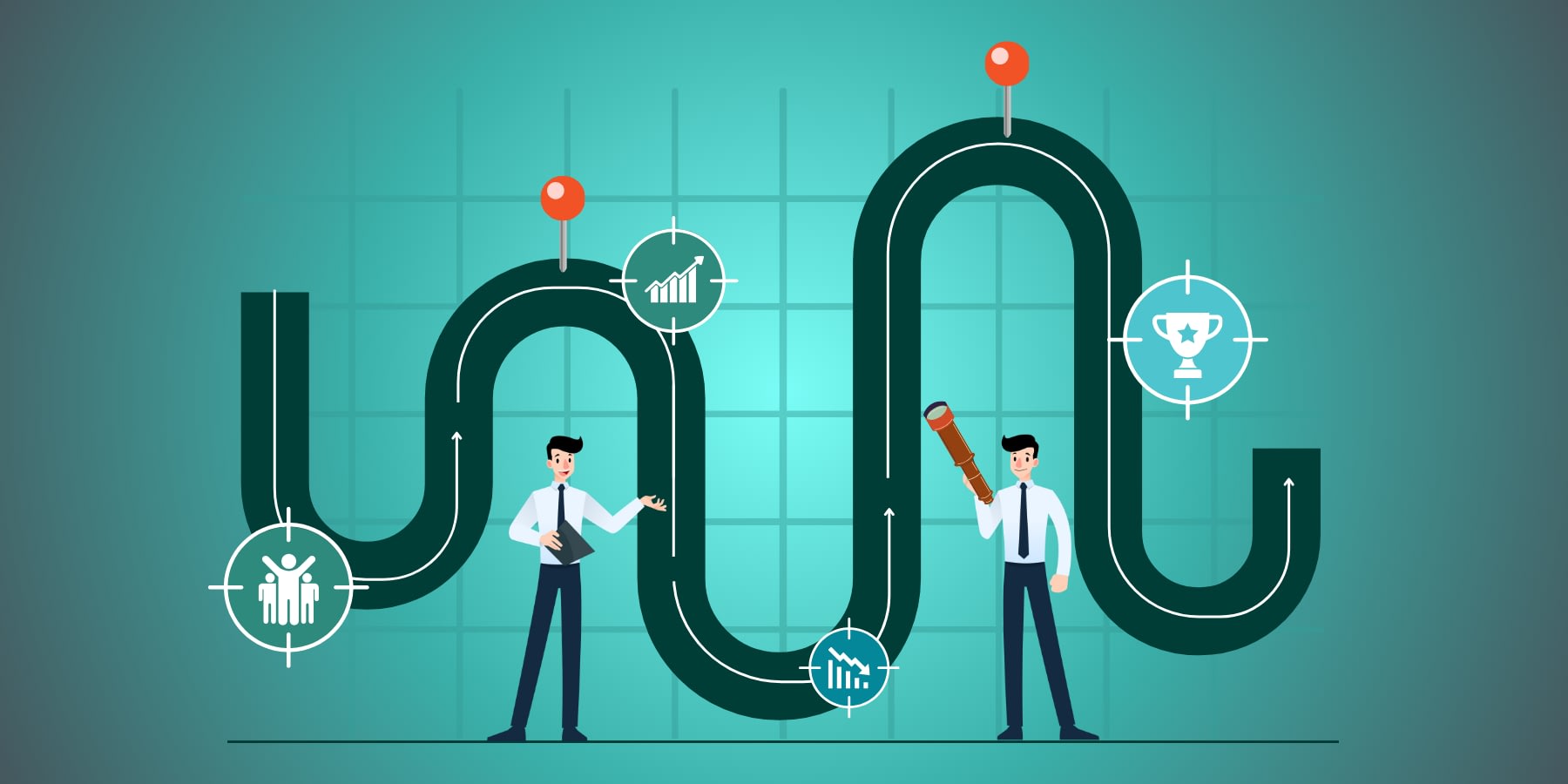 An illustration of a businessman tracking and recognizing trigger events in a B2B landscape.