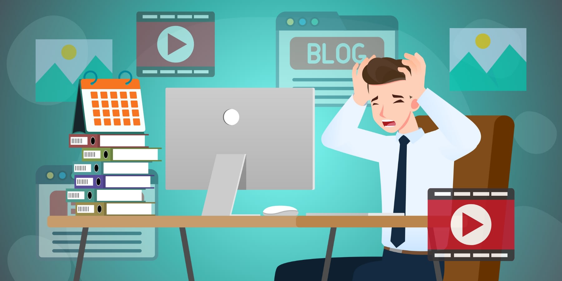 A graphic showing an employee experiencing burnout and is overwhelmed with the demand of content planning and content creation. 