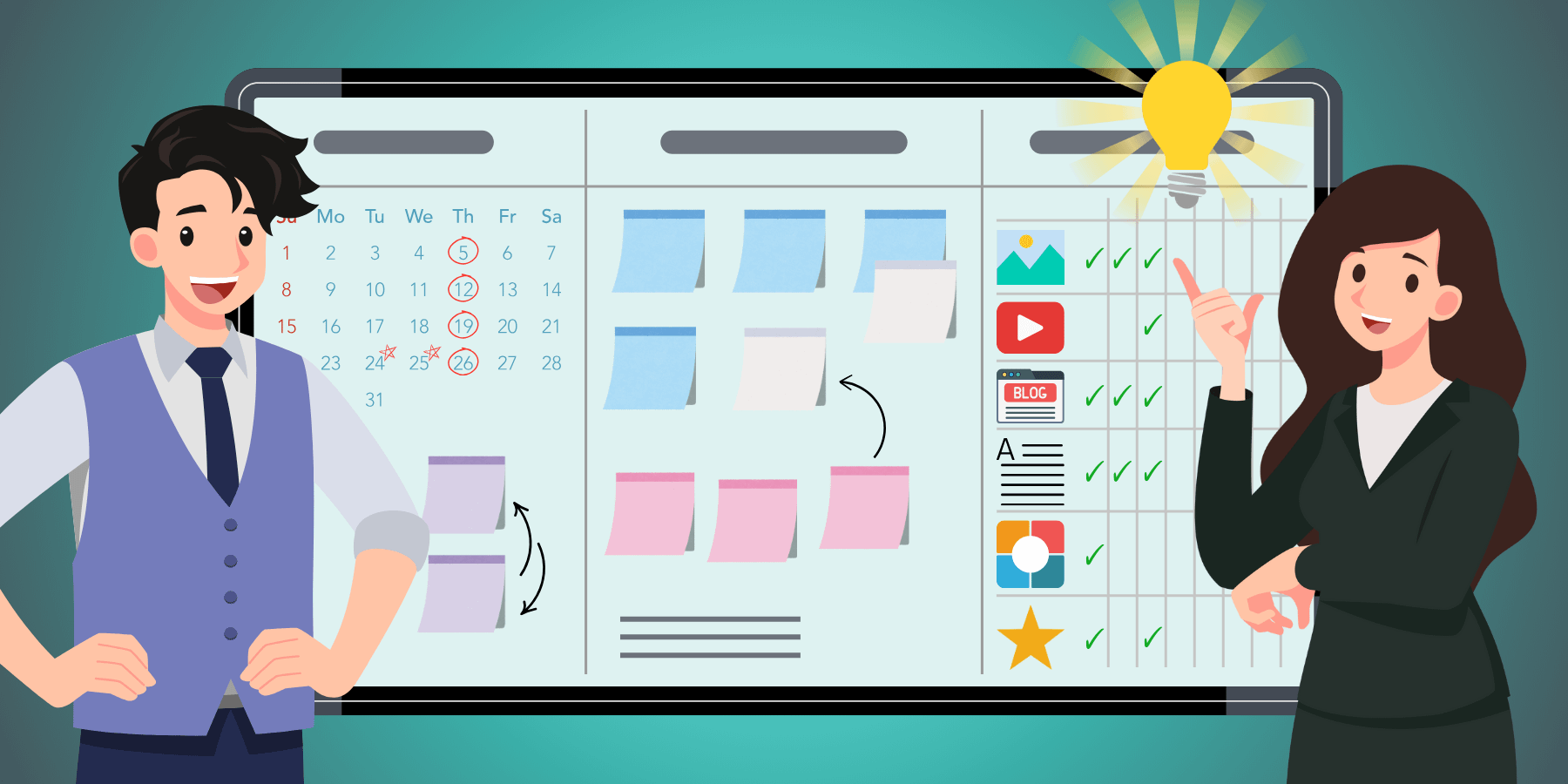 An illustration of two business persons performing content planning using a whiteboard with checklists, calendar, and notes.