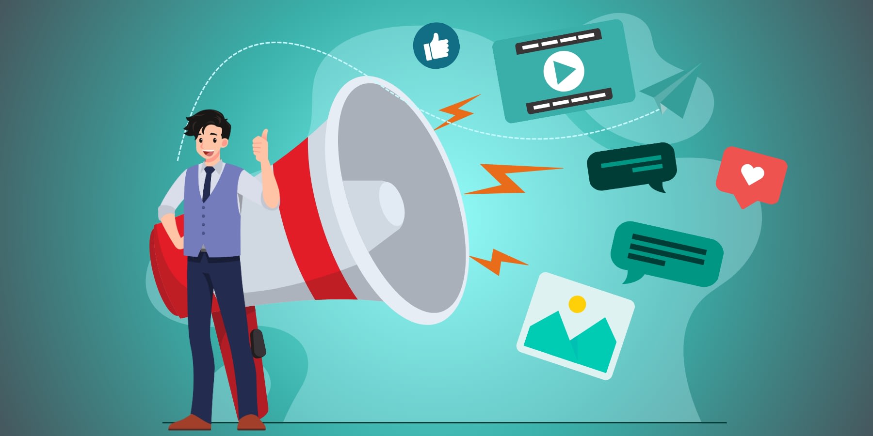 A businessman demonstrating B2B content promotion strategies, with a background featuring a megaphone and various content elements.