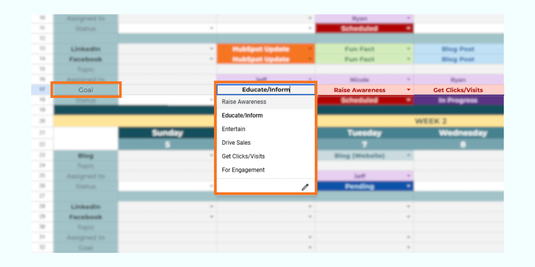 An image of an actual content calendar that includes the content goals, which is either to raise awareness, educate/inform, get clicks/visits, and many more.