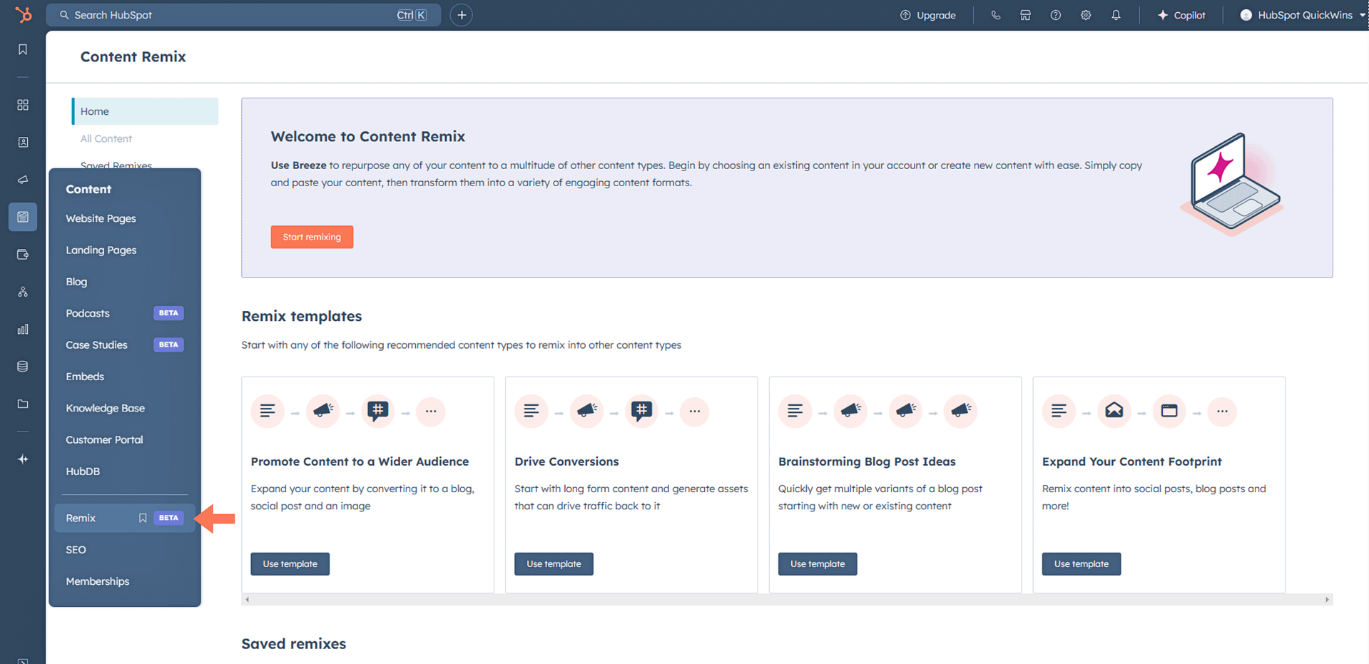 A screenshot from the HubSpot Content Remix showing the first step  (Step 1) in using the tool. This image guides how to access the Content Remix tool.