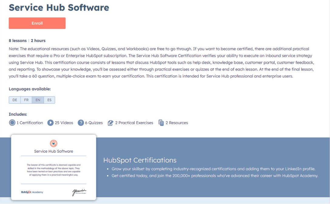 HubSpot Service Hub Software Certification offered by HubSpot Academy