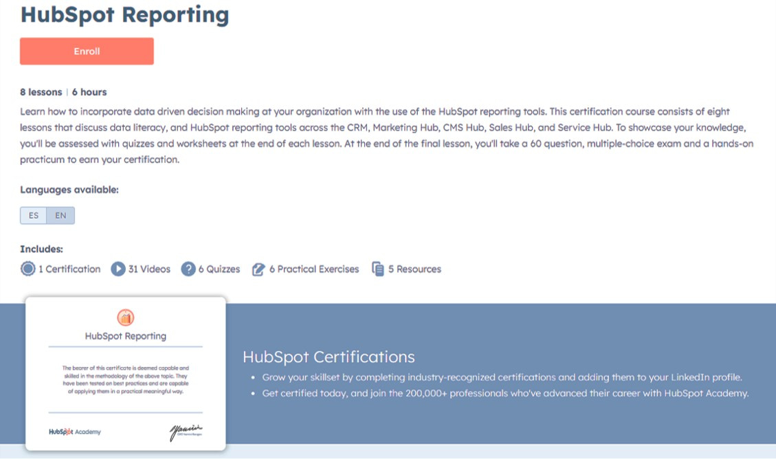 HubSpot Reporting Certification offered by HubSpot Academy