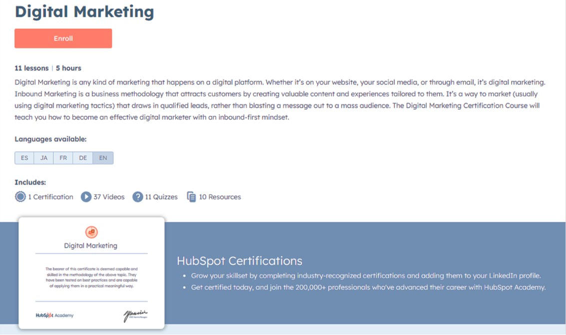 HubSpot Digital Marketing Certification offered by HubSpot Academy