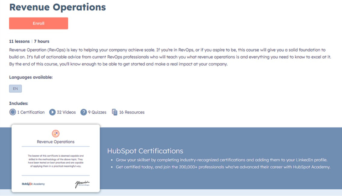 HubSpot Revenue Operations (RevOps) Certification offered by HubSpot Academy