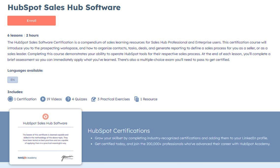 HubSpot Sales Hub Software Certification offered by HubSpot Academy