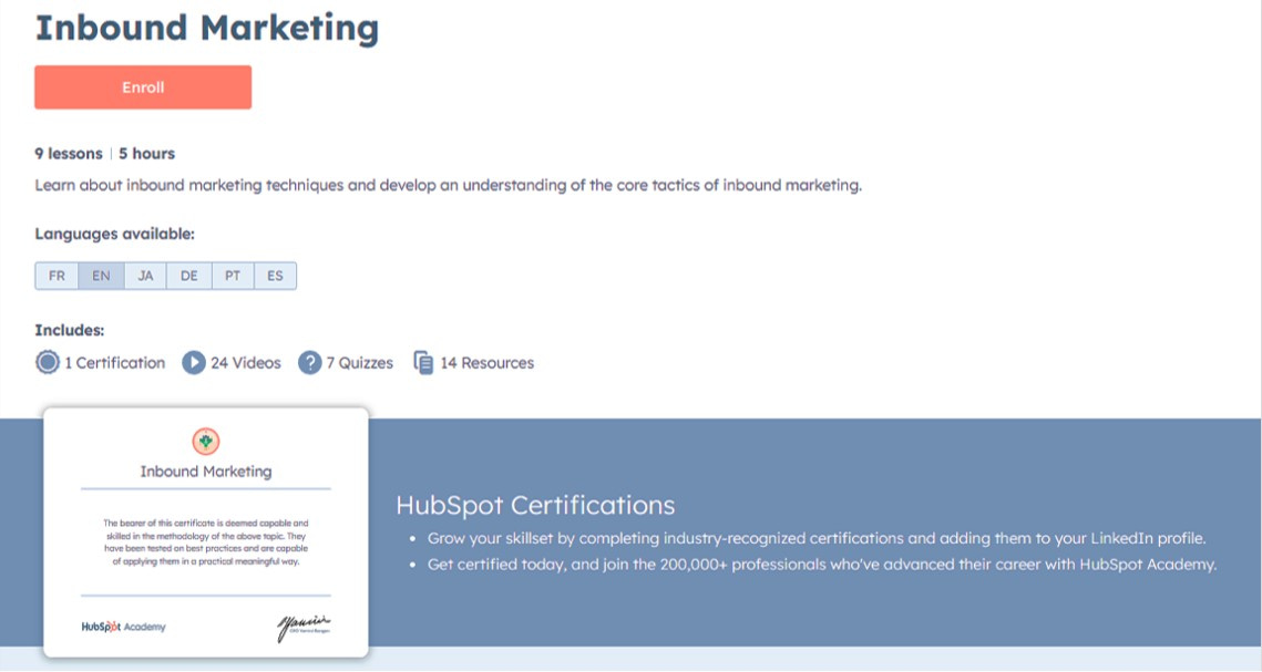 HubSpot Inbound Marketing Certification offered by HubSpot Academy