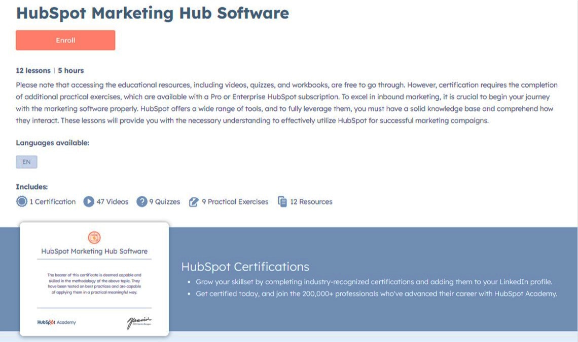 HubSpot Marketing Hub Software Certification offered by HubSpot Academy