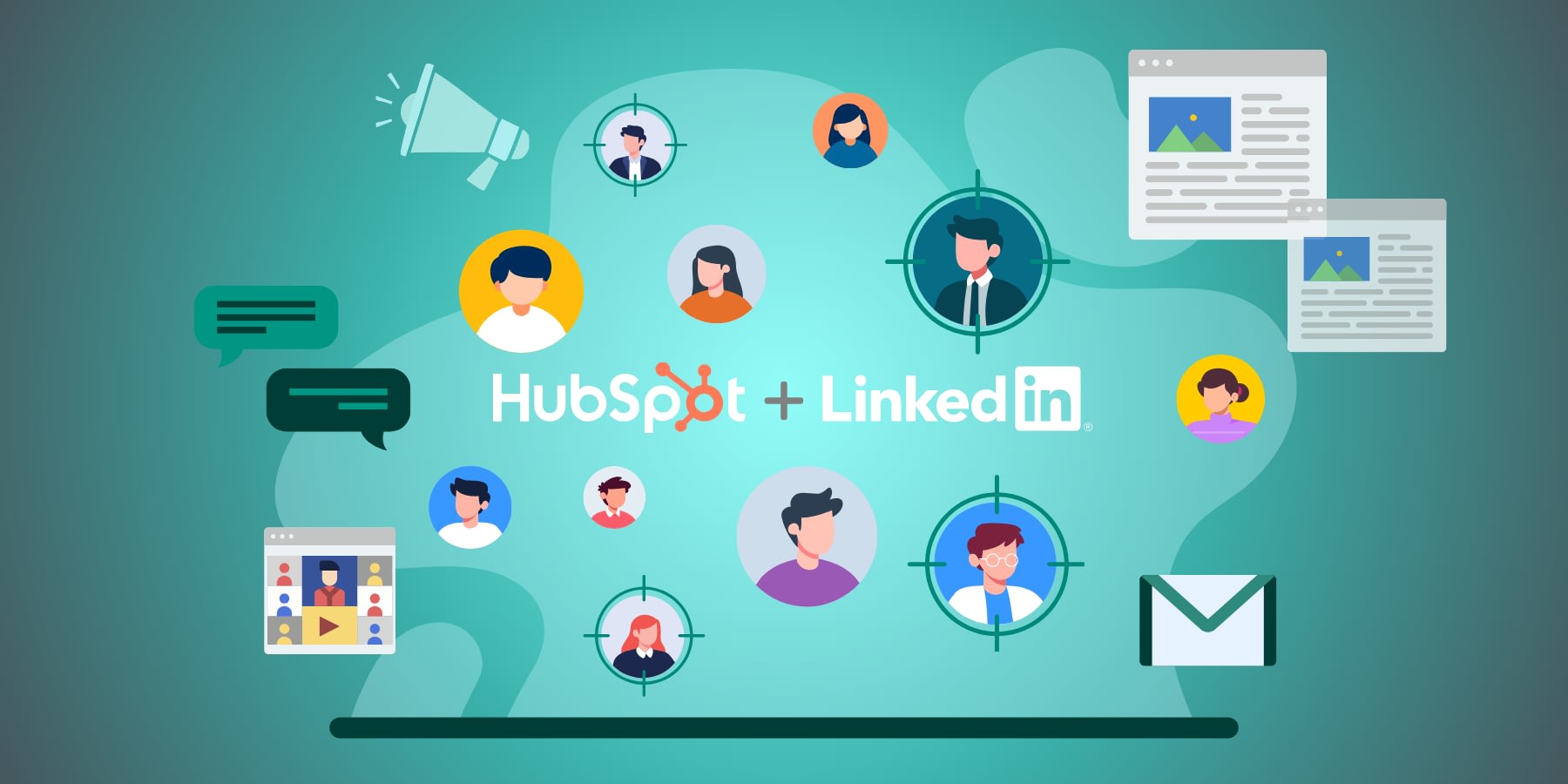 Illustration showing the benefits of using LinkedIn Ads and HubSpot for targeted ABM Campaigns. 