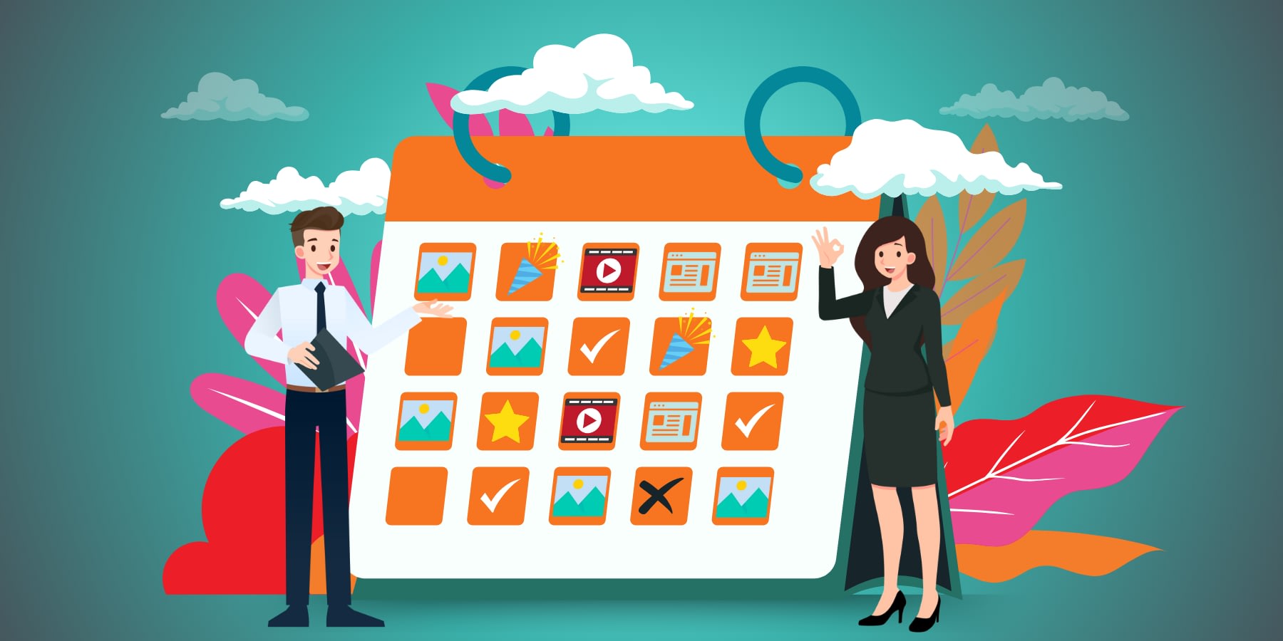 An illustration showing two business persons doing a content plan strategy, along with a content calendar on the background.