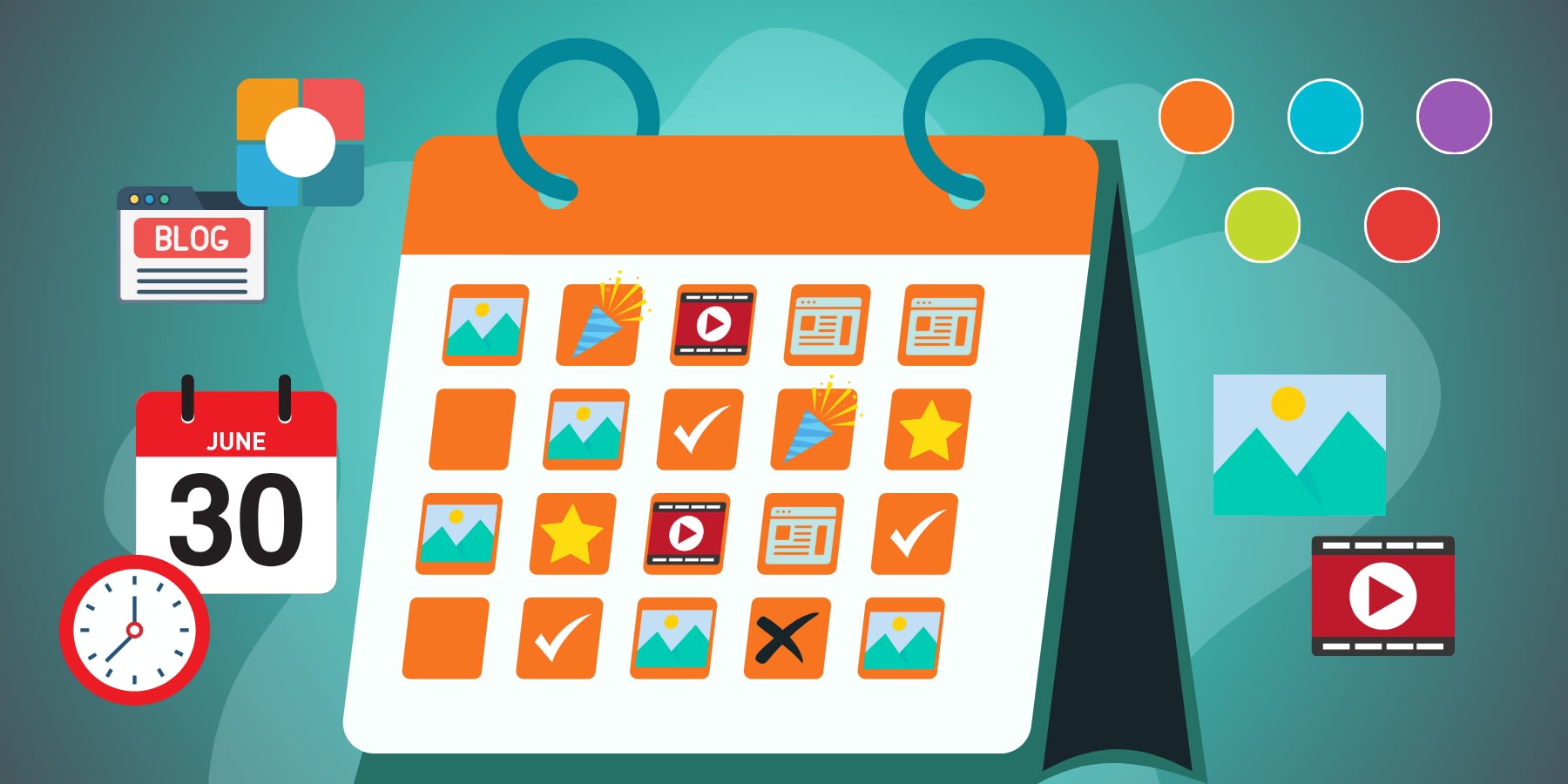 An illustration of a content calendar with some of the elements on the background that should be included when creating a content calendar.