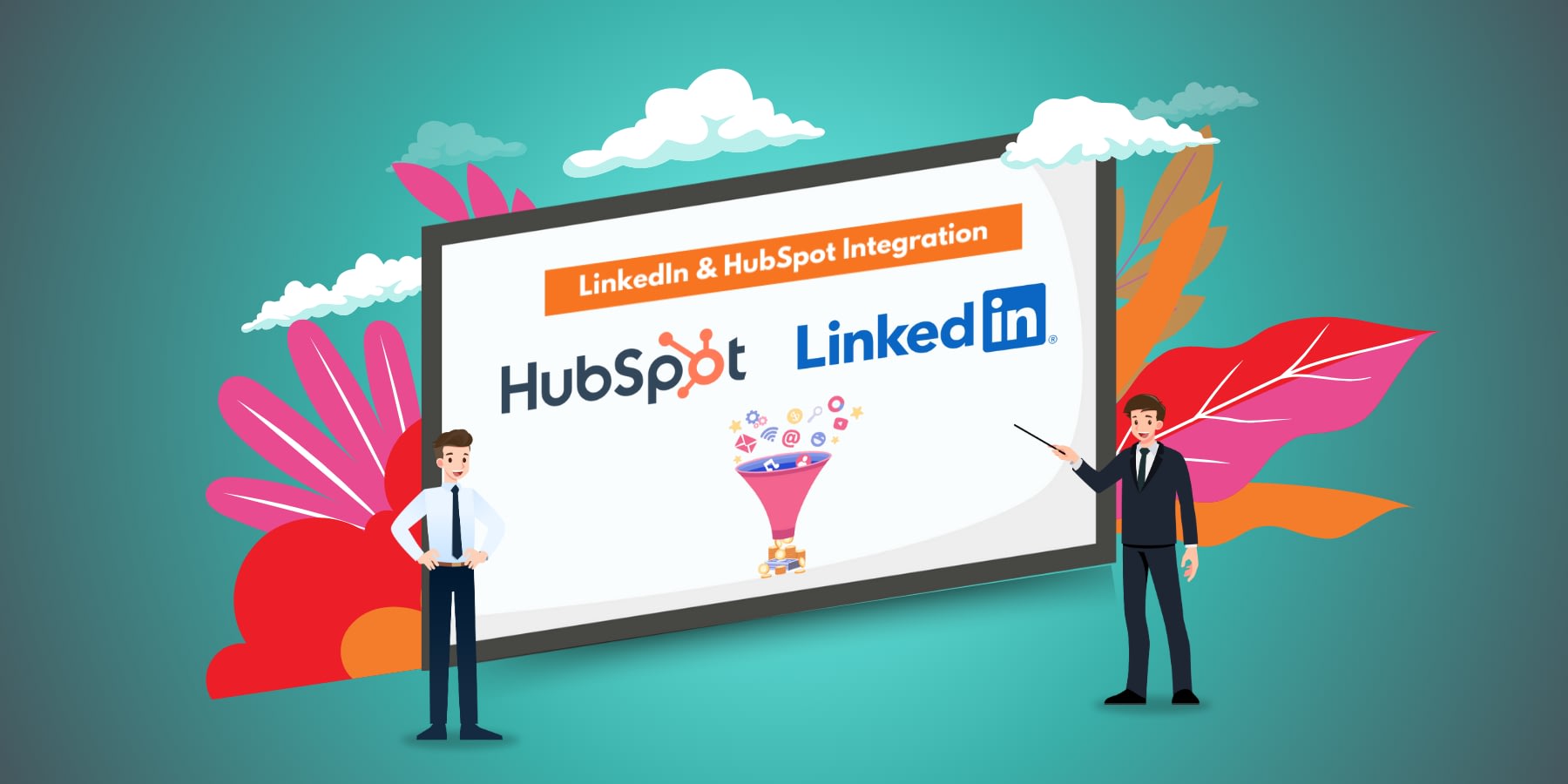 Illustration of two businessman discussing the importance of integrating HubSpot and LinkedIn Ads.