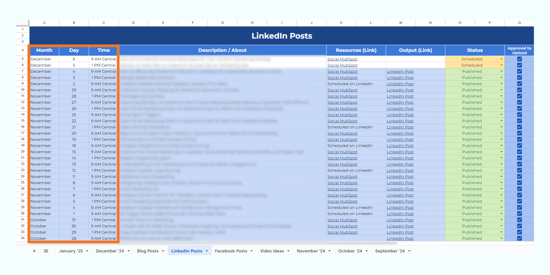 An image of an actual content calendar that includes the posting times or the Month, Day, and Time of the when the content will published or posted.