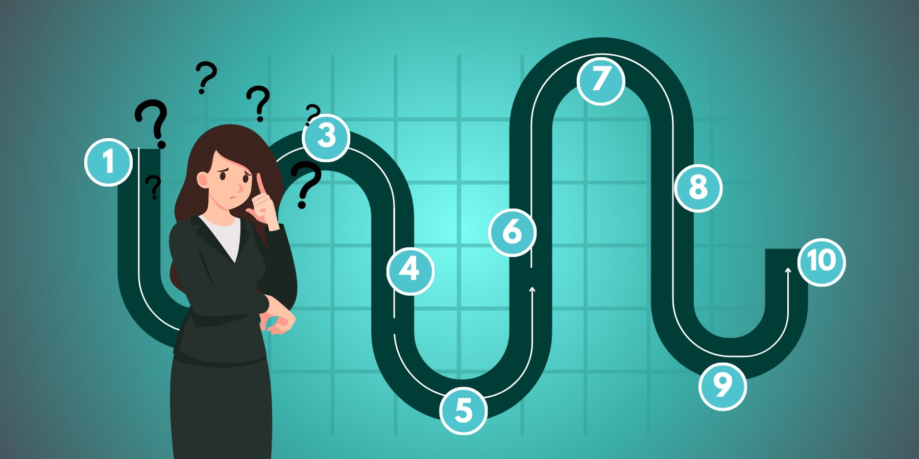 A graphic showing a businesswoman thinking deeply. Her background shows process mapping.