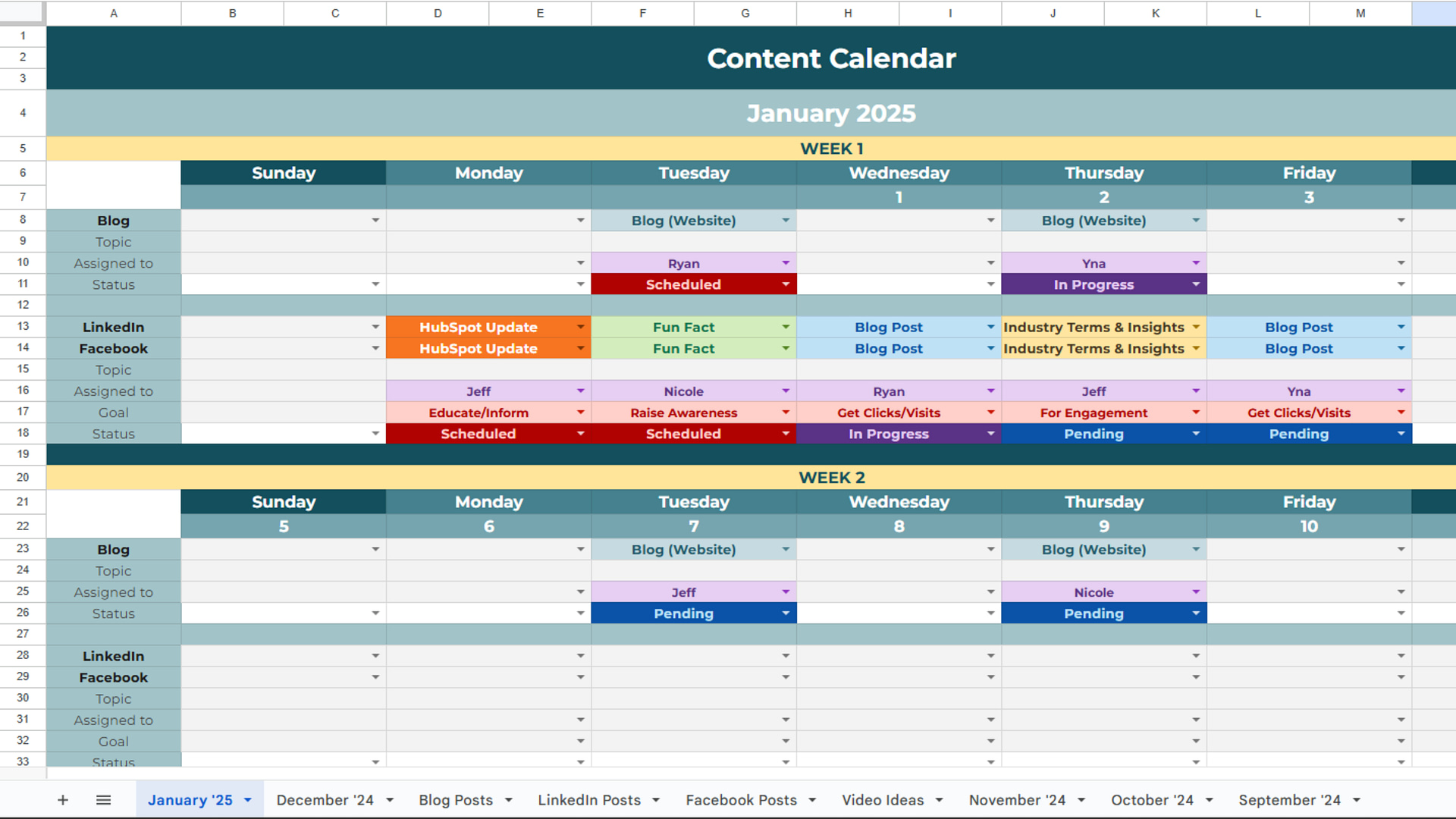 Excel calendar template illustrating a B2B content promotion strategy with scheduled content planning.