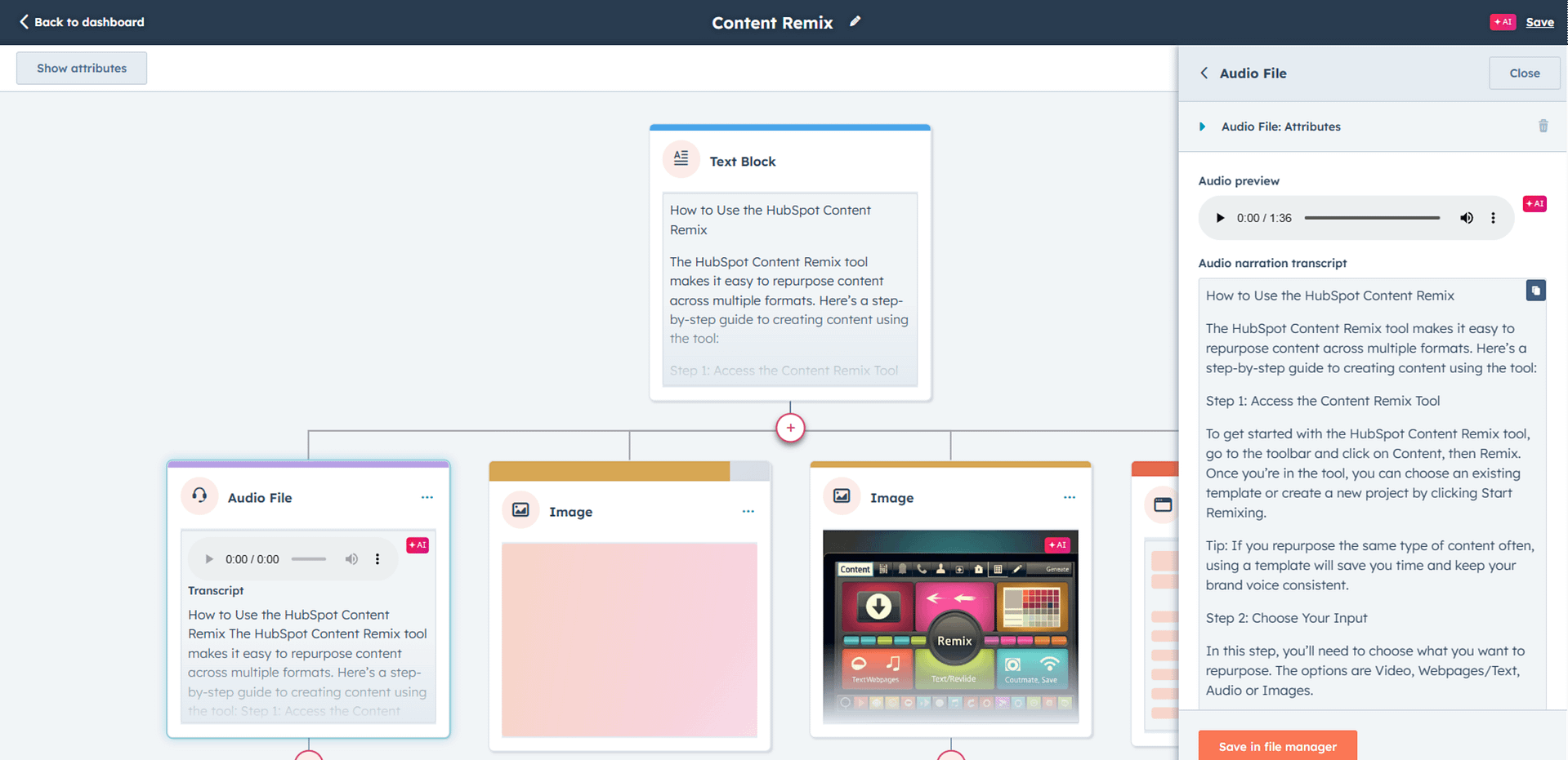 A screenshot from the HubSpot Content Remix showing the fifth step (Step 5) in using the tool. This image shows how the Content Remix generates the outputs. Additionally, it also displays the options available after the content is generated.